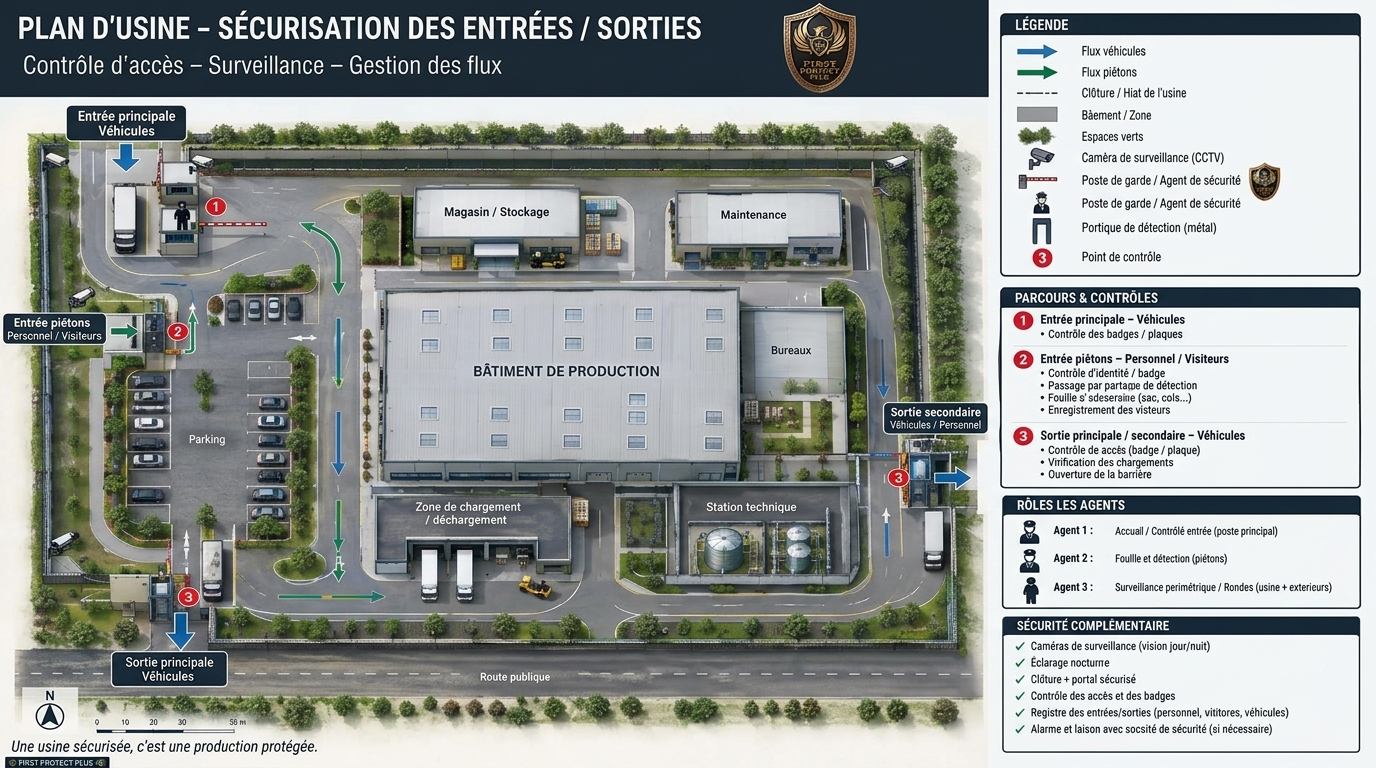 Plan d’usine First Protect Plus — sécurisation des entrées et sorties